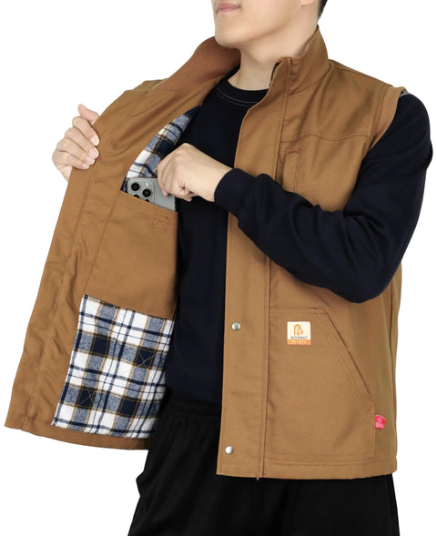 Mens Heavy Duty Flame Retardant Work Vest Insulated For Winter Cold Weather showing interior plaid lining and phone pocket