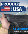 Heavy Duty 45 Gallon Black Trash Bags 38x46 Inches, 250 Count, Made in USA, showing thickness and high density material.