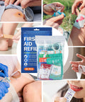 Front view of blue 90-piece First Aid Refill kit with assorted wound-care supplies.