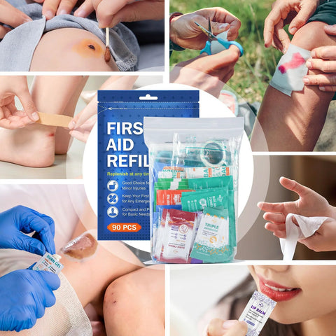Front view of blue 90-piece First Aid Refill kit with assorted wound-care supplies.