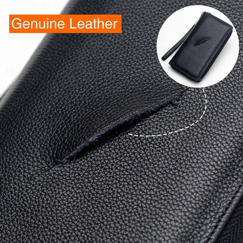 Close-up of stylish black Women RFID Blocking Leather Wallet Zip Around Phone Clutch showcasing genuine leather texture.