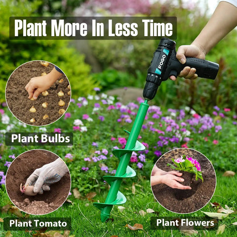 Fast Planting Auger Drill Bit Set for Garden 4 Pack Spiral Bits drilling soil with drill, planting bulbs, tomatoes, and flowers.