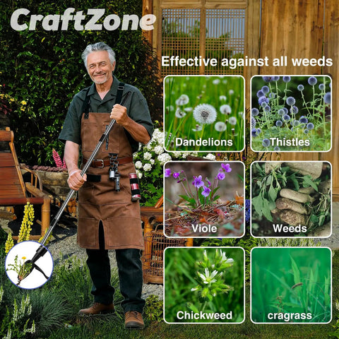 Gardener holding Stand Up Weed Puller With Long Handle, Detachable Four Section Pole, Stainless Steel Four Claw Head for removing weeds