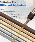 No Drill Hassle Number 8 By 2 Inch Deck Screws With Torx Flat Head and T25 star bit shown working on various materials.
