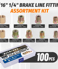 100 piece Brake Line Fittings Kit with inverted nuts and unions for 3/16 and 1/4 inch lines and various thread sizes.