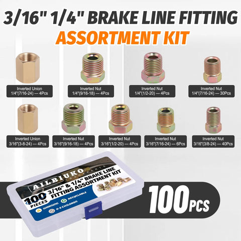100 piece Brake Line Fittings Kit with inverted nuts and unions for 3/16 and 1/4 inch lines and various thread sizes.