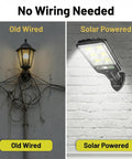 Comparison image of old wired light versus Outdoor Solar Wall Lights With Wide Angle Flood Lights, Motion Sensor, Dusk To Dawn, Remote Control, IP66 Waterproof, Ideal For Parking Lots And Yards, 4 Pack COB9.