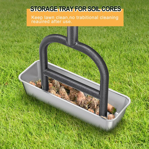 Manual Lawn Aerator With Four Stainless Steel Core Plugs And Soil Core Storage Tray on grass showing soil collection in tray.