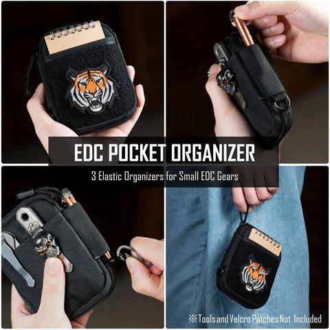 Dope EDC Pouch for Men, Pocket Organizer with tiger patch, multitool slots, D-ring, and pen holder, compact 4.6 x 3.5 inches