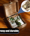Wooden jewelry box with open lid, showing installed small hinges. Inset shows 60 Pcs Small Brass Antique Miniature Hinges With Screws And Screwdriver.
