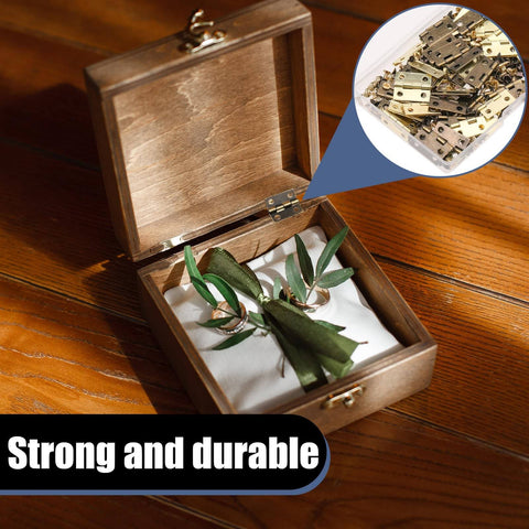Wooden jewelry box with open lid, showing installed small hinges. Inset shows 60 Pcs Small Brass Antique Miniature Hinges With Screws And Screwdriver.