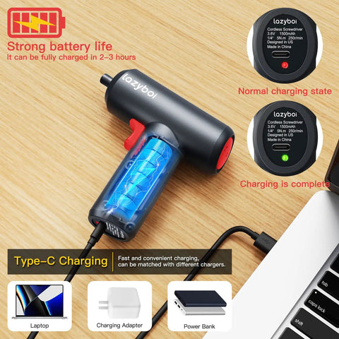 Cordless Electric Screwdriver Set Red, Rechargeable Precision Power Screwdriver with High Capacity Battery and charging setup