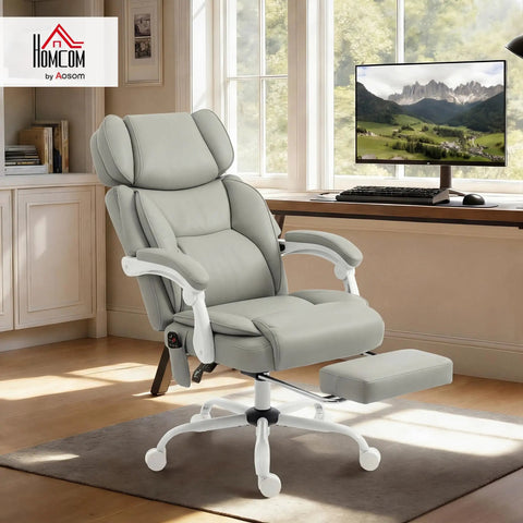 Massage Office Chair With Lumbar Heat For All Day Back Relief, Boss Level Ergonomic Executive Desk Chair in light gray PU leather
