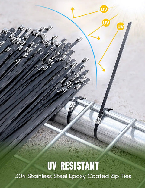 Heavy Duty Stainless Steel Zip Ties Kit With Quick Cutter Tool 150 Pcs 11.8 Inch shown with UV protection on fence