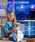 Child sitting indoors with a dog near a 3 In 1 Outdoor Bug Zapper With 5000mAh Battery, LED Night Light, And 4000V Electric Fly Zapper