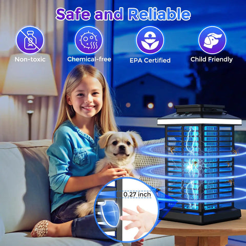 Child sitting indoors with a dog near a 3 In 1 Outdoor Bug Zapper With 5000mAh Battery, LED Night Light, And 4000V Electric Fly Zapper