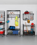 Reversible Garage Wall Grid Shelf With Hooks Built Tough Steel Storage Organizer Mounts To Studs Holds Up To 60 Pounds Four Heavy Duty Hooks And Ten S Hooks Black displayed in a garage with tools and gear.