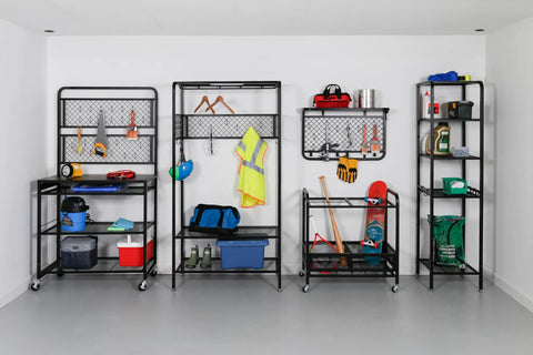 Reversible Garage Wall Grid Shelf With Hooks Built Tough Steel Storage Organizer Mounts To Studs Holds Up To 60 Pounds Four Heavy Duty Hooks And Ten S Hooks Black displayed in a garage with tools and gear.
