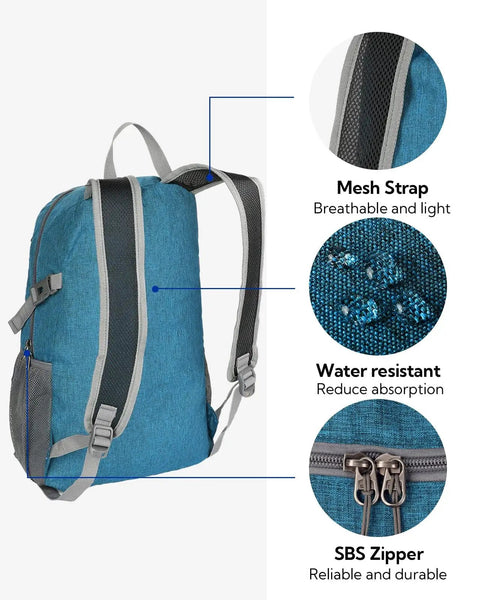 Image showing Ultra Lightweight 20L Packable Daypack for Travel, Hiking and Camping, foldable, mesh strap detail, recycled nylon build.