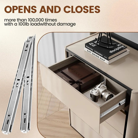 Built Tough 15 Inch Side Mount Cabinet Drawer Slides Featuring Steel Ball Bearings in a drawer with a camera and box.