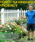 Man holding Thatch Rake For Lawn With 65 Inch Handle, Beast 14 Inch Dethatching Rake For Grass in a garden with flowers.