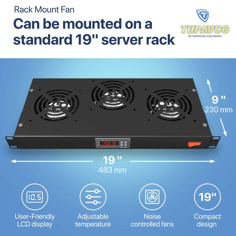 Three Fan Rack Mount Cooling System For 1U 19 Inch Server Cabinets with Digital Display and Adjustable Temperature Control