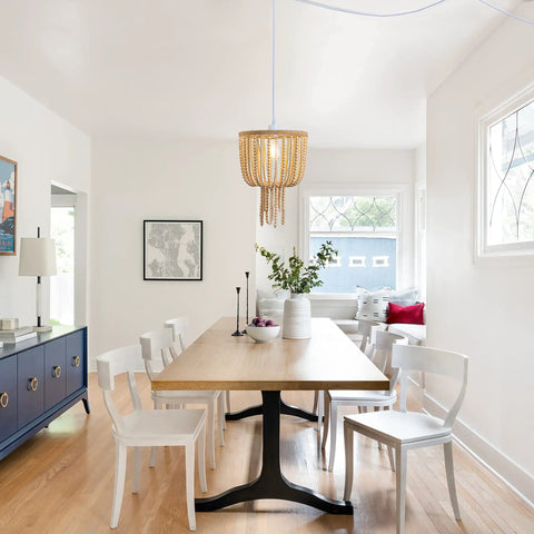 Dining room with 16 Inch Modern Drum Pendant Light With Fabric Shade Rustic Hanging Drum Chandelier Boho Style Plug In Fixture Handmade