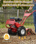 Person operating garden tiller with Heavy Duty Thirteen By Five Inch Rear Tine Tiller Tire And Wheel Set in soil field