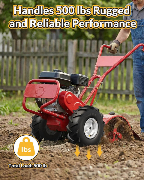 Person operating garden tiller with Heavy Duty Thirteen By Five Inch Rear Tine Tiller Tire And Wheel Set in soil field