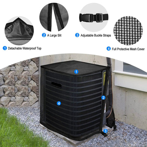 All Seasons Outdoor AC Unit Cover with detachable waterproof top, mesh design with adjustable buckle straps, size 35.4x35.4x39.4 inches