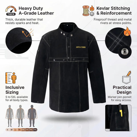 Leather Welding Jacket With Open Back And Cape Sleeve Detachable 20 Inch Bib Apron Flame Resistant Welder Coat For Heavy Duty Metal Work Split Cowhide Comfort And All Day Flexible Protection