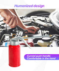 Heavy Duty Rust Free Steel Oil Pump Gun With Smooth Twist Spout Hassle Free Bottle for engine lubing, showing curved handle in use.
