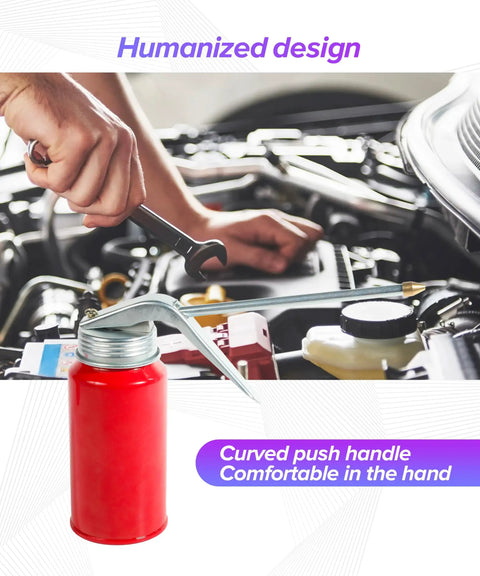 Heavy Duty Rust Free Steel Oil Pump Gun With Smooth Twist Spout Hassle Free Bottle for engine lubing, showing curved handle in use.