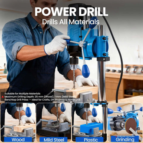 Mini Benchtop Drill Press Kit With 16 Piece All Material Drill Bits, 1200W Motor, 6 Speed 2800 RPM used on wood, steel, plastic