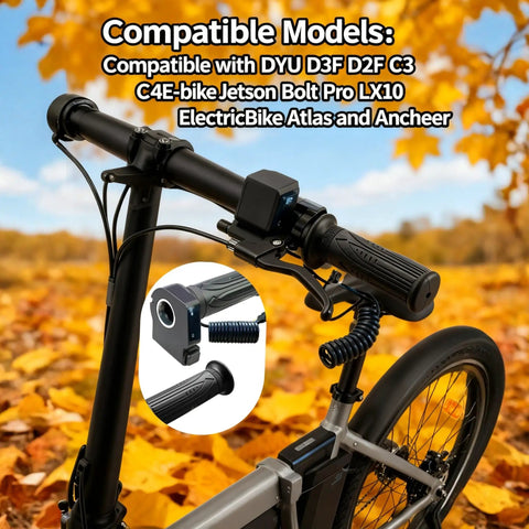 36V Twist Throttle Grip Replacement With LCD Voltage Display And Cruise Control Button for e-bikes shown on handlebar