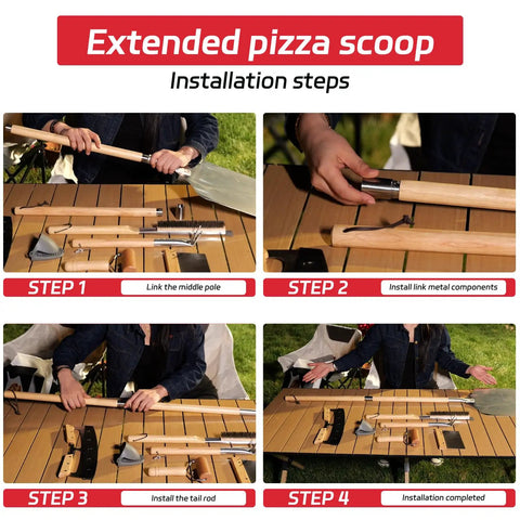 Installation steps for extended pizza scoop from 7 Piece Pizza Oven Tools Kit For Home And Outdoor Ovens With Pro Grade Stainless Steel Pizza Peel Oven Brush Bubble Popper Turner Rocker Cutter Dough Roller And Scraper For Quick Easy Homemade Pies