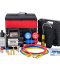 One Third Horsepower Single Stage Rotary Vane Vacuum Pump Kit With R134a Manifold Gauge Set Leak Detector, hoses, and tote.