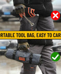 Top image shows a person holding loose wrenches; bottom image shows a roll-up tool pouch labeled 'GreenPro Tool Bag' being carried.