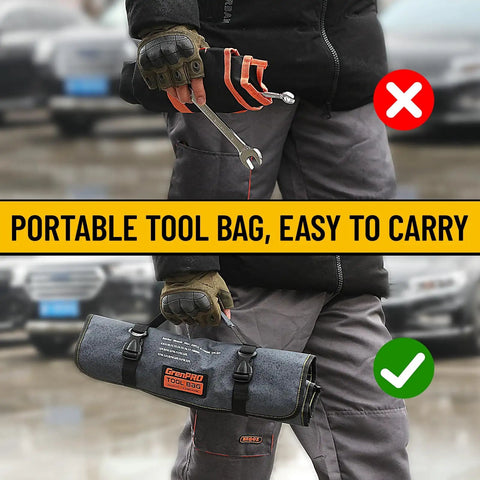 Top image shows a person holding loose wrenches; bottom image shows a roll-up tool pouch labeled 'GreenPro Tool Bag' being carried.