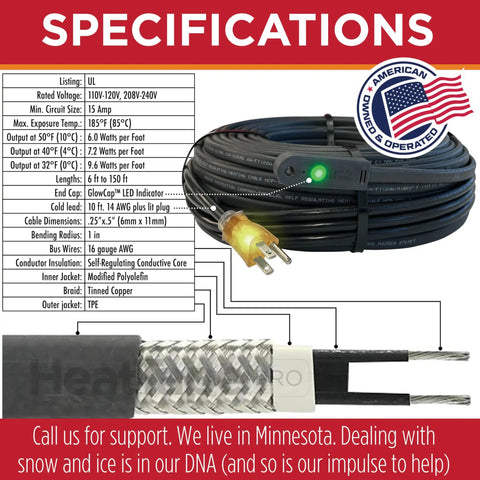 Coiled HeatTapePro Self Regulating Heat Cable With GlowCap for Ice Dam and Pipe Freeze Protection, 100 Ft Cable, 120V
