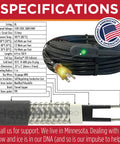 Specifications chart for HeatTapePro Pro Grade Intelligent Self Regulating Heat Cable with GlowCap Tech, 12 ft cable.