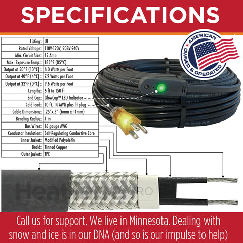 Product specifications of Heat Tape Pro Self Regulating Heat Cable With GlowCap Tech For Ice Dam Prevention, 37 Ft Run Plus 10 Ft Power Cord, 120V, 6 Watts Per Foot, Ideal For Roofing, Gutters And Pipes, shown with coiled cable and GlowCap.