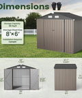 Dimensions of 8x6 Ft Full Size Outdoor Metal Storage Shed With Floor For Backyard Tools Bikes And Gear All Weather Shelter With Reinforced Sidewall Girts And Updated Frame Structure Durable Steel Construction Built To Last shown in image