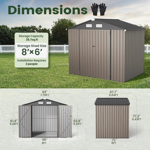Dimensions of 8x6 Ft Full Size Outdoor Metal Storage Shed With Floor For Backyard Tools Bikes And Gear All Weather Shelter With Reinforced Sidewall Girts And Updated Frame Structure Durable Steel Construction Built To Last shown in image
