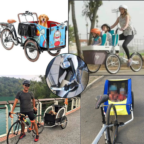 Various bike trailer setups showing Heavy Duty Bicycle Trailer Hitch Coupler Connector Alloy Attachment For Schwinn And Instep Bikes.