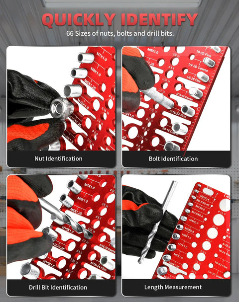 Handy Thread Gauge Kit With 22 SAE And 18 Metric Thread Sizes, 26 Drill Bit Gauges for mechanics, showcasing nut and bolt sizing.