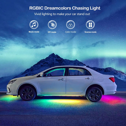 Car with Underbody LED Lights Kit For Cars And Trucks, 6 RGBIC Smart Strips With Dream Color Chasing, illuminating colors
