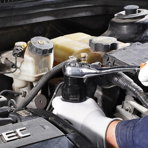 One Half Inch Drive 19-Piece Impact Socket Set on engine, alloy steel socket in use on vehicle maintenance