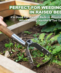 16.8 Inch Stirrup Hoe For Precise Raised Bed Weeding in use, oscillating push pull hula hoe in stainless steel between plants.