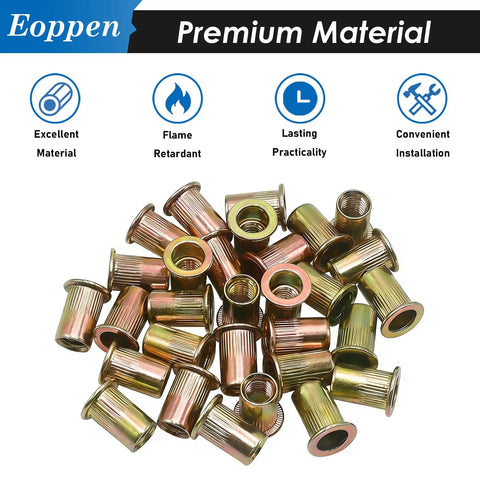 M6 Rivet Nuts Kit 115 Pcs Zinc Plated Carbon Steel Flat Head Threaded Inserts for Furniture Auto Marine and Decoration
